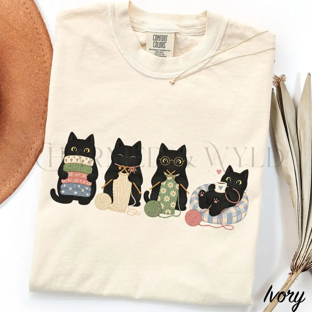 Knitting Black Cats Comfort Colors T-Shirt - Ivory / S - T-Shirt