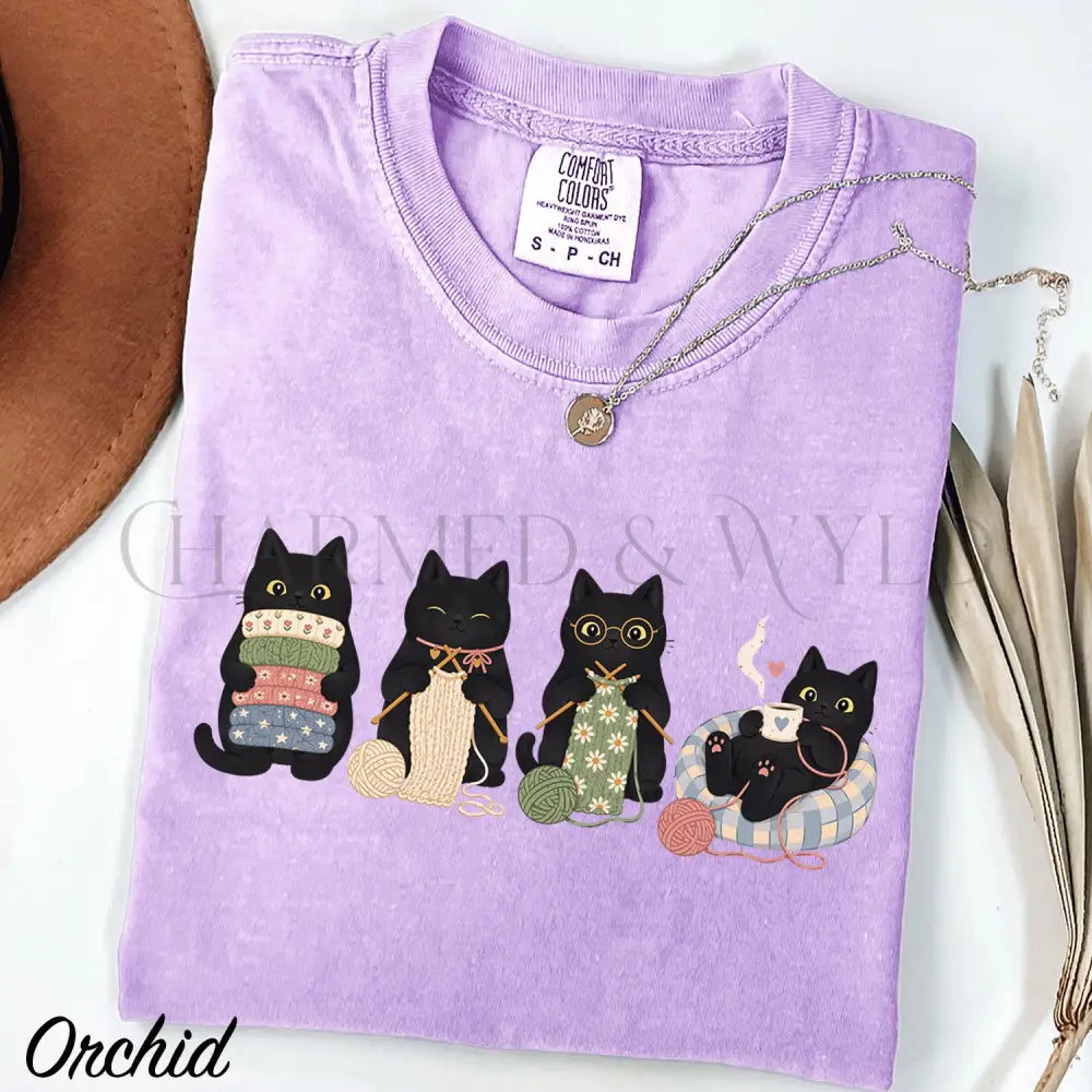 Knitting Black Cats Comfort Colors T-Shirt - Orchid / S - T-Shirt
