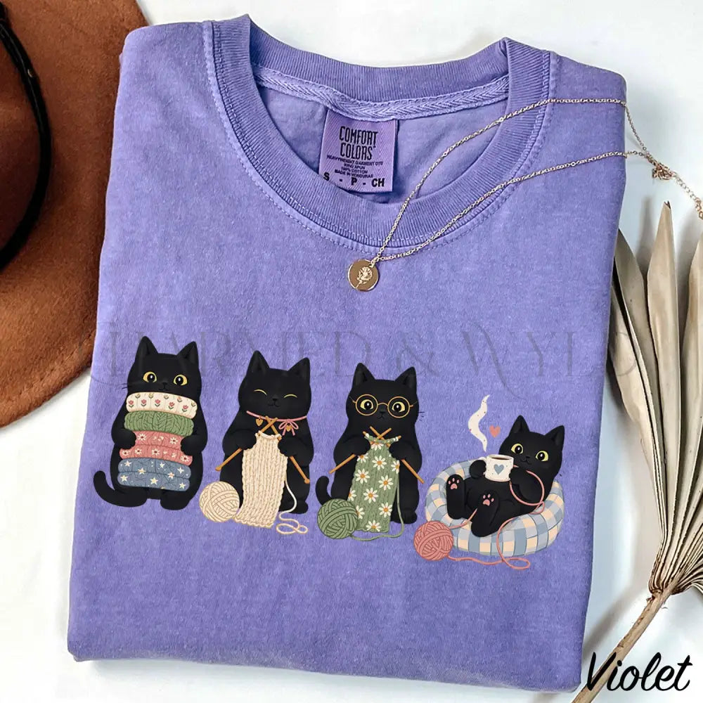 Knitting Black Cats Comfort Colors T-Shirt - Violet / S - T-Shirt