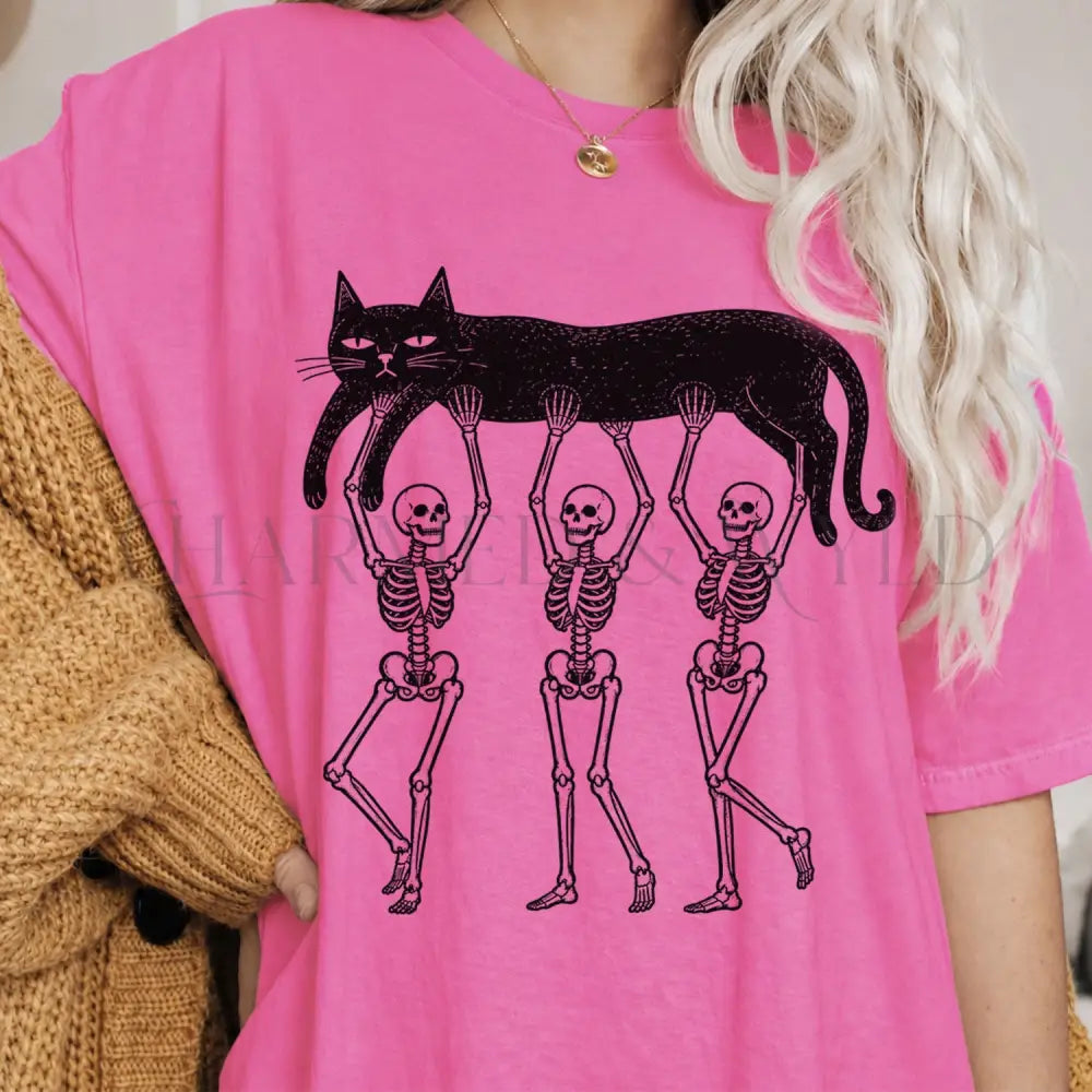 Lazy Bones Black Cat T-Shirt - Neon Pink / S - T-Shirt