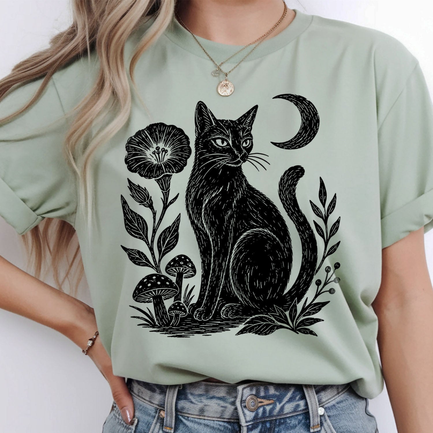 Linocut Black Cat T-Shirt