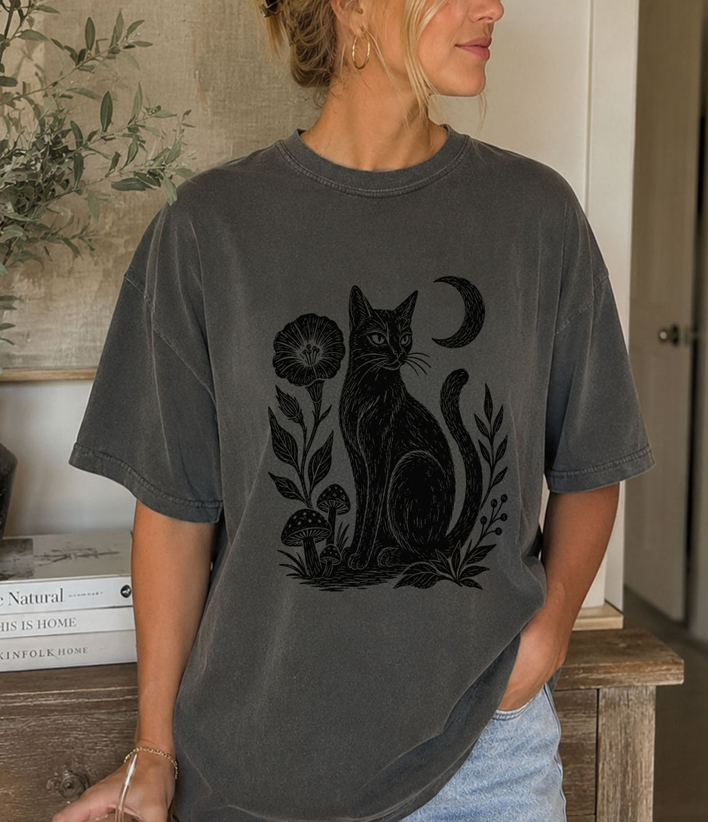 Linocut Black Cat T-Shirt