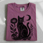Linocut Black Cat T-Shirt - Berry / S - T-Shirt