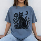 Linocut Black Cat T-Shirt - Blue Jean / S - T-Shirt