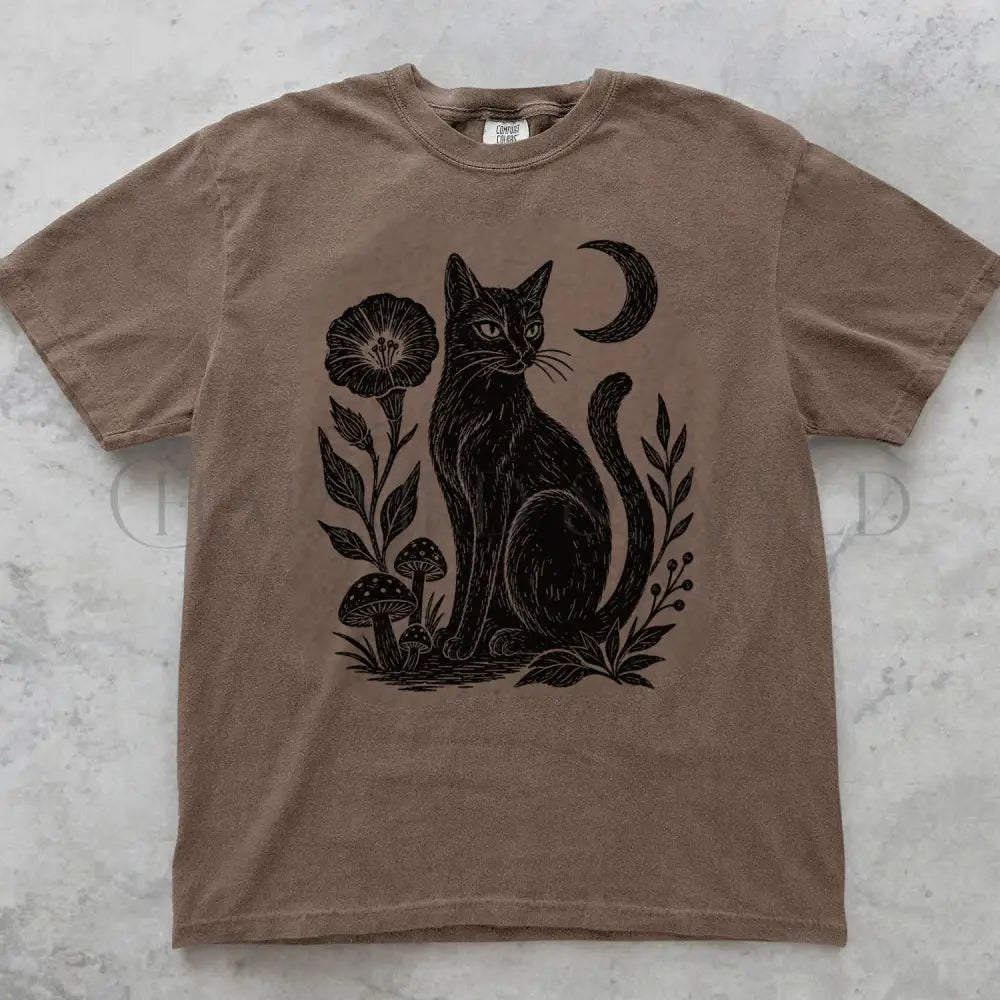 Linocut Black Cat T-Shirt - Espresso / S - T-Shirt