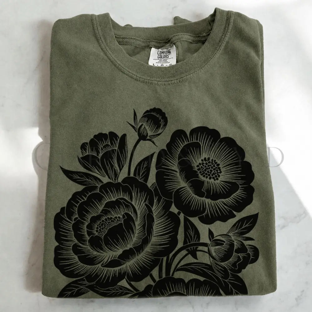 Linocut Peonies Flower T-Shirt - Moss / S - T-Shirt