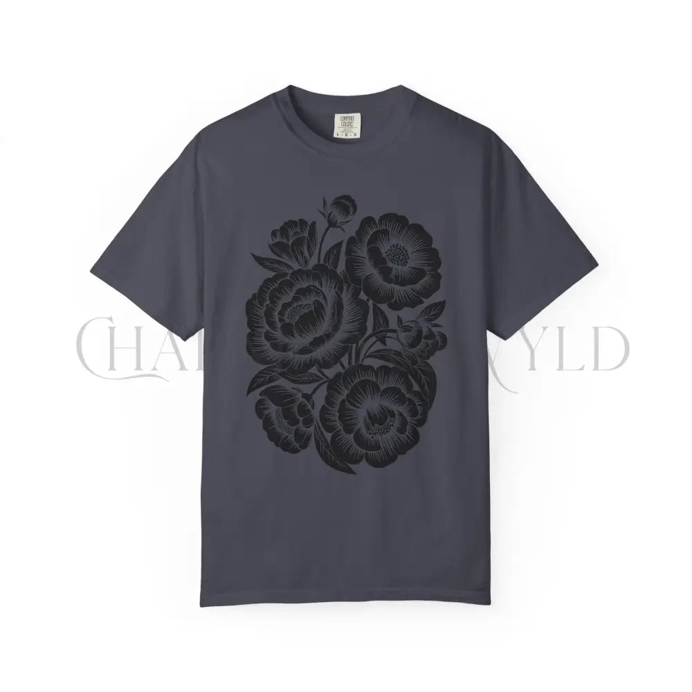 Linocut Peonies Flower T-Shirt - Navy / S - T-Shirt