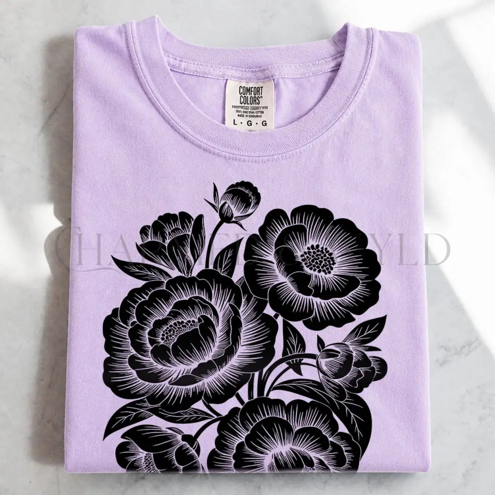 Linocut Peonies Flower T-Shirt - Orchid / S - T-Shirt