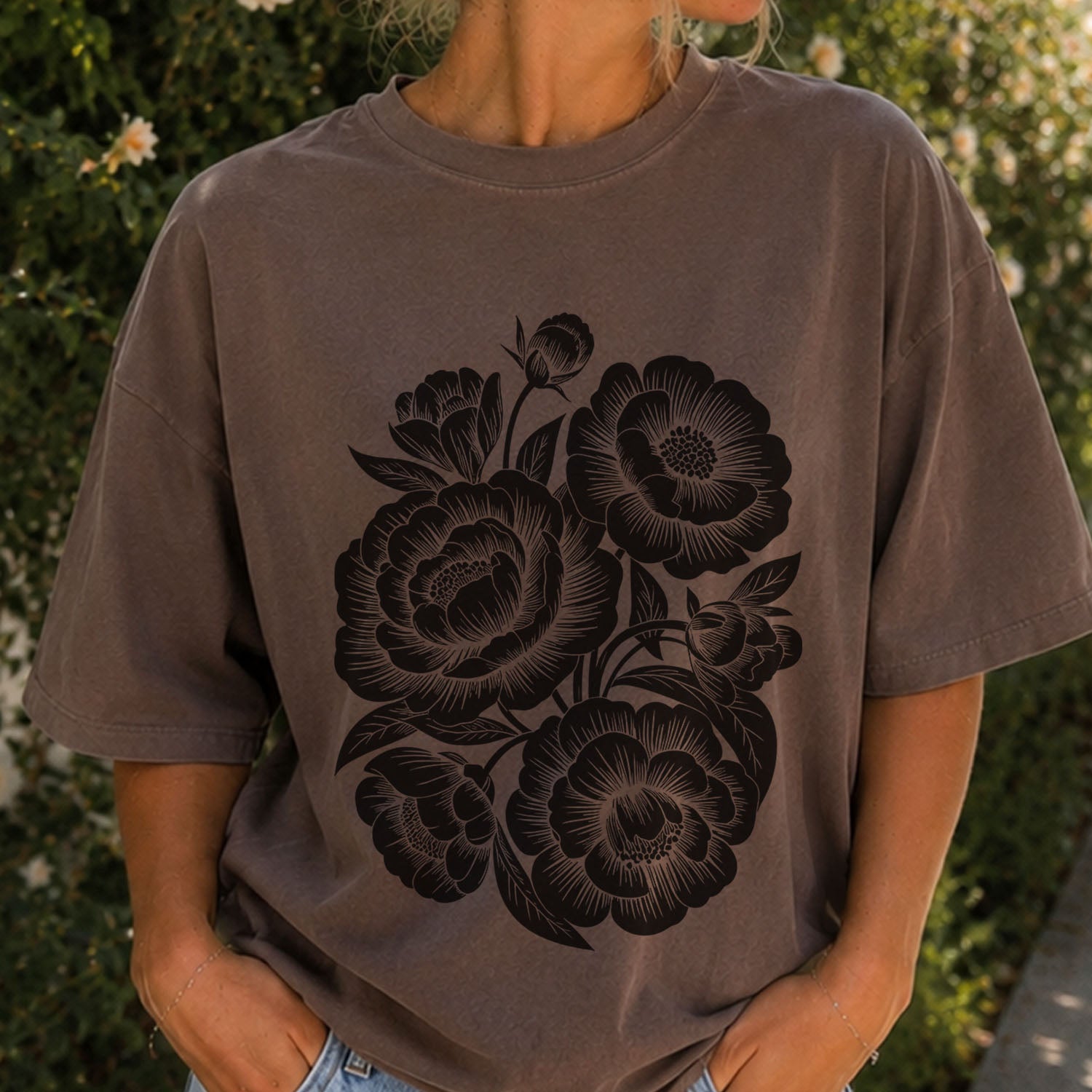 Linocut Peonies Flower T-Shirt