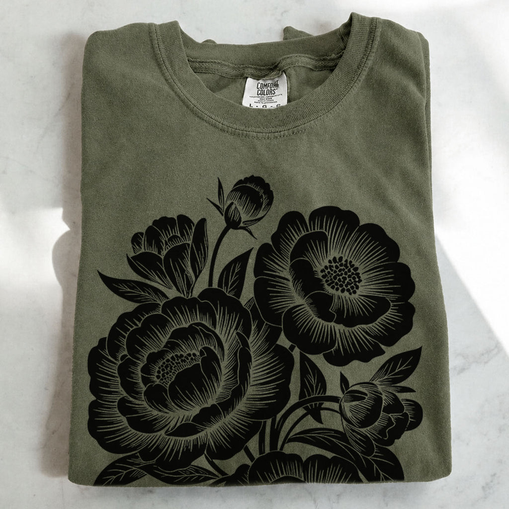Linocut Peonies Flower T-Shirt
