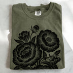 Linocut Peonies Flower T-Shirt