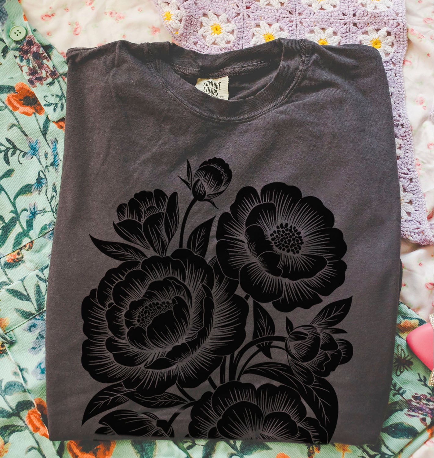 Linocut Peonies Flower T-Shirt