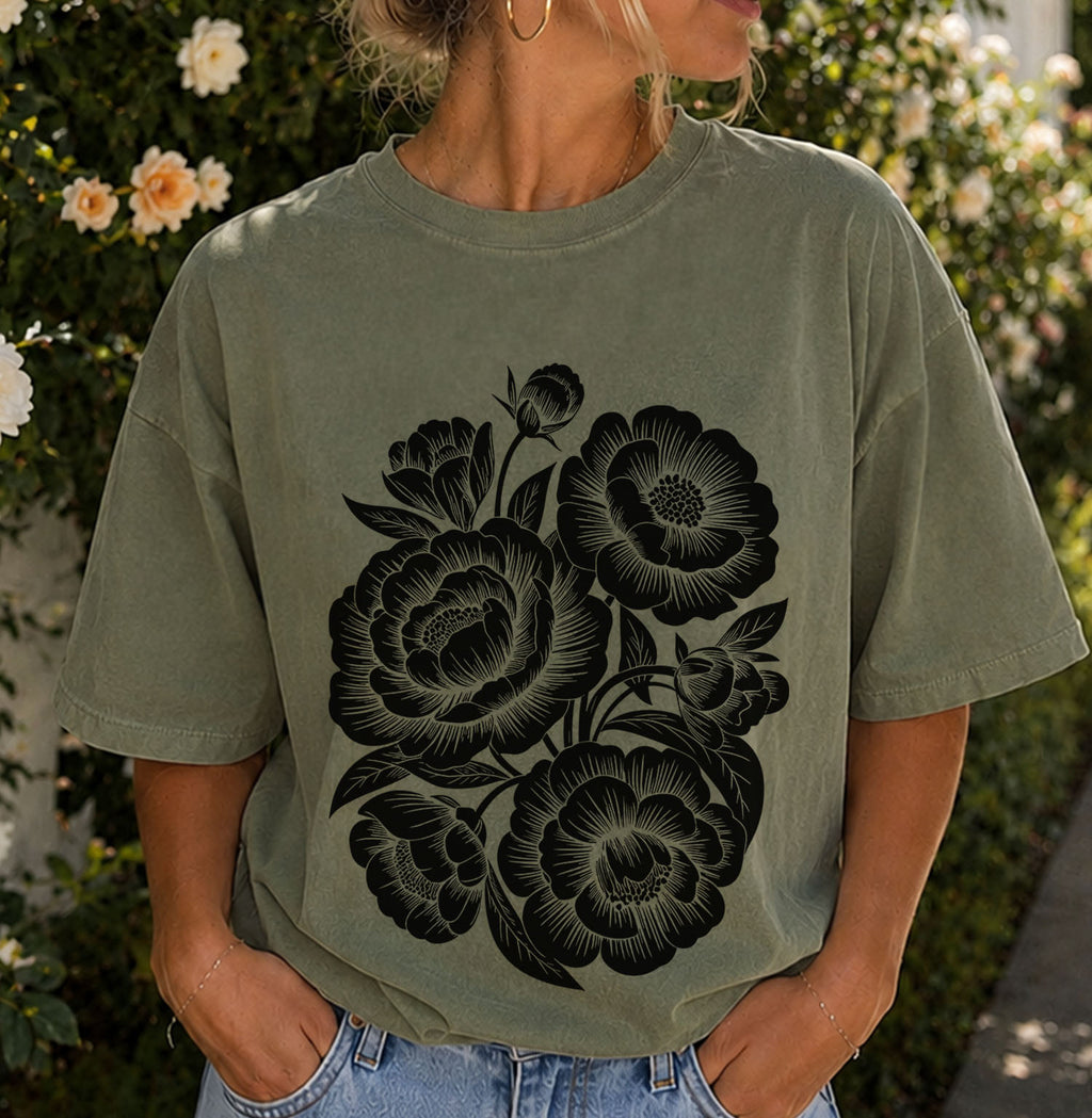Linocut Peonies Flower T-Shirt