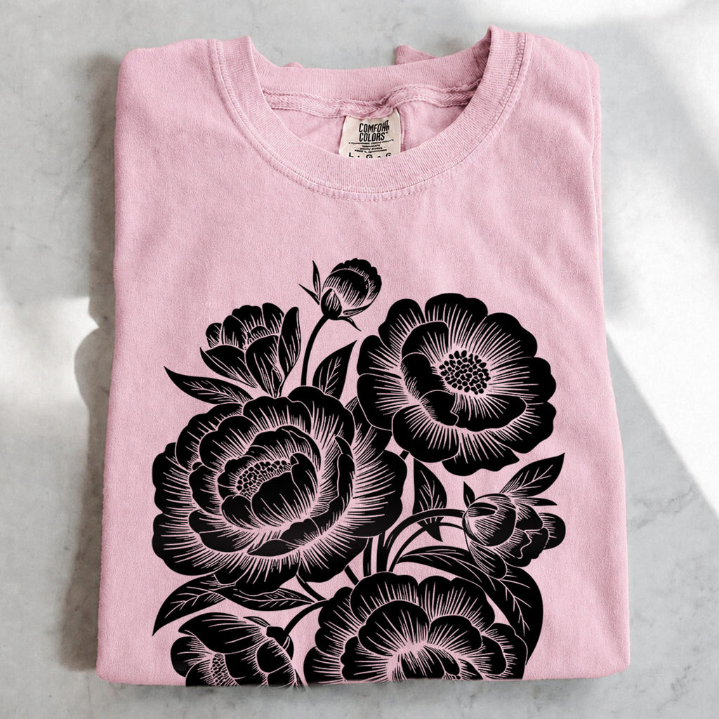 Linocut Peonies Flower T-Shirt