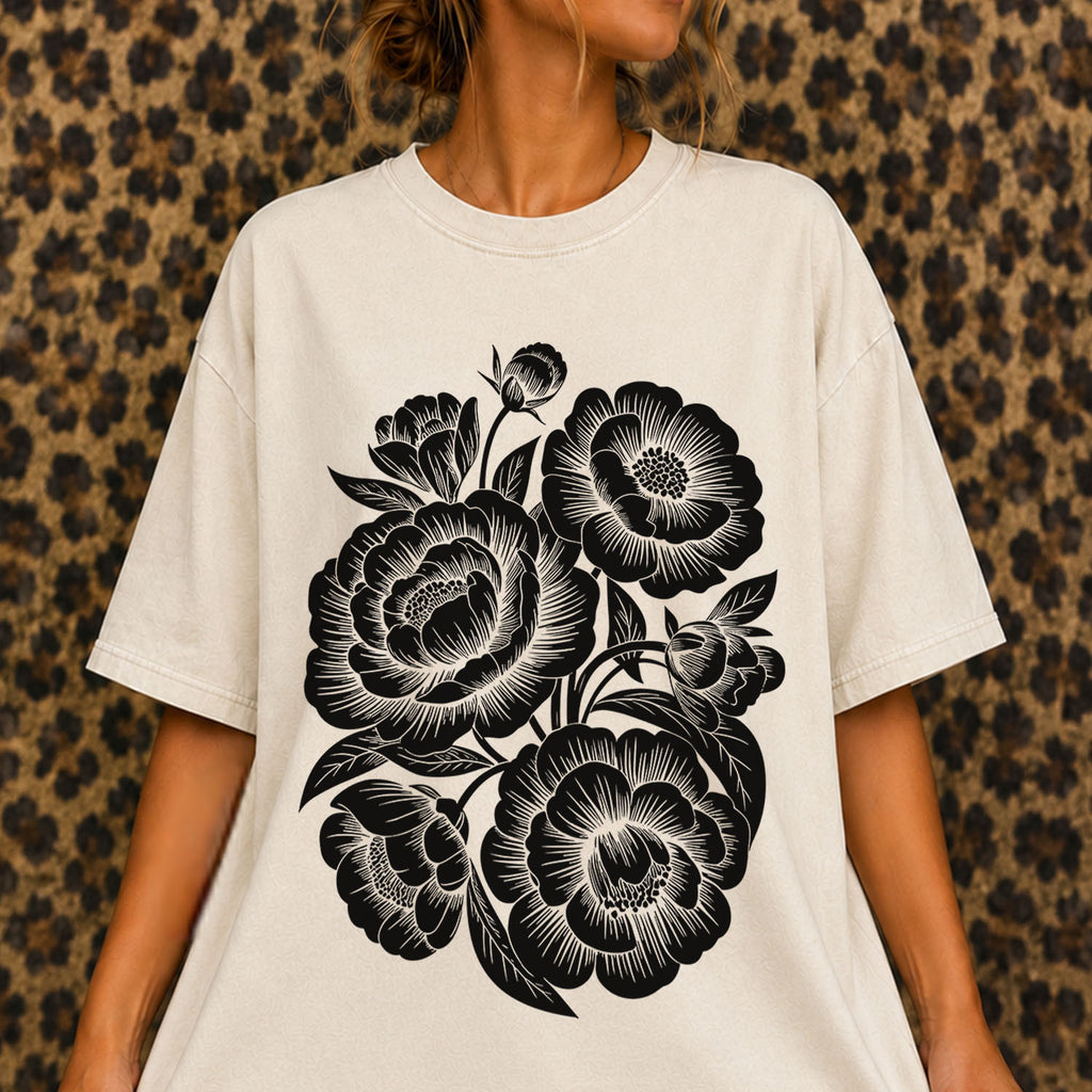 Linocut Peonies Flower T-Shirt