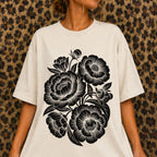 Linocut Peonies Flower T-Shirt