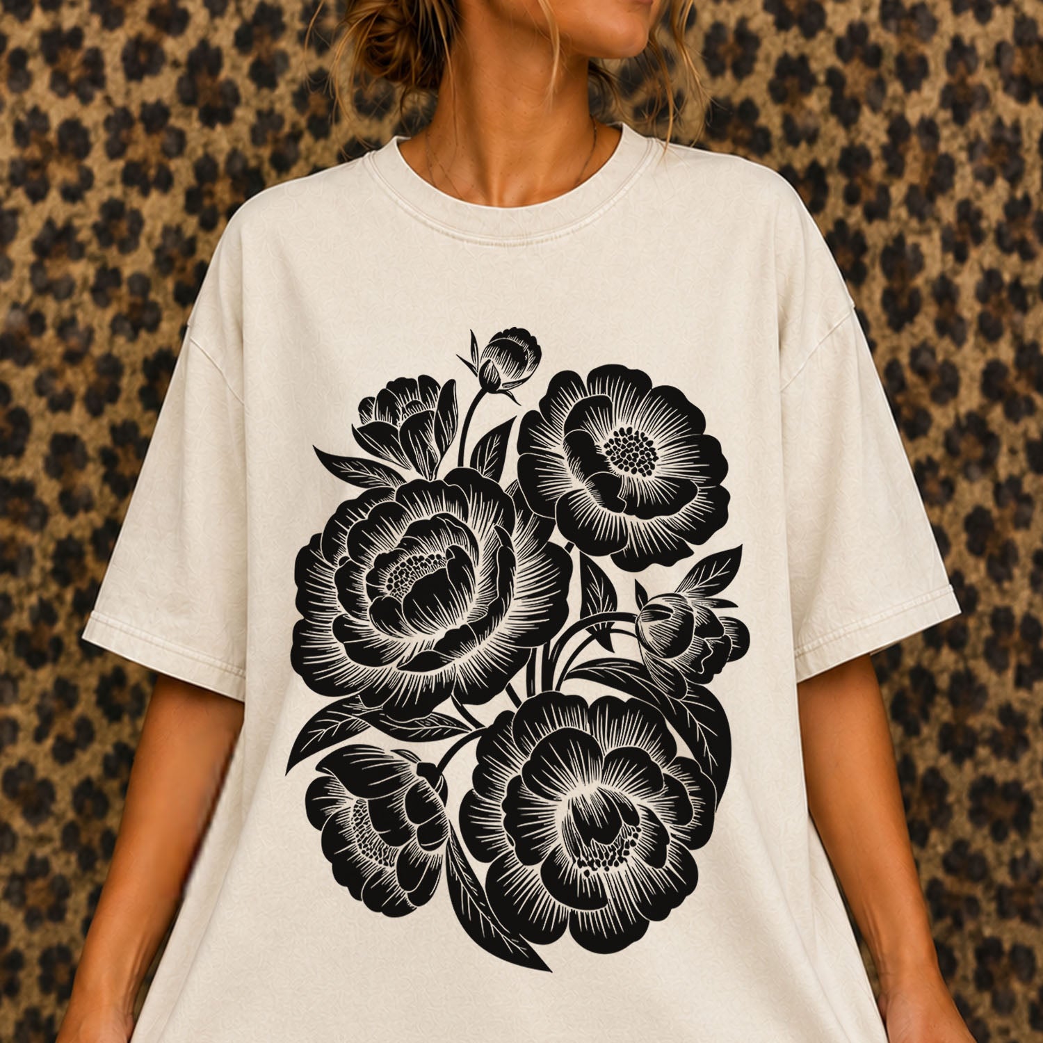 Linocut Peonies Flower T-Shirt