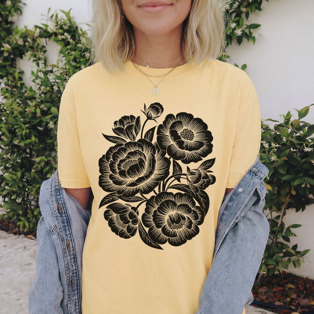 Linocut Peonies Flower T-Shirt