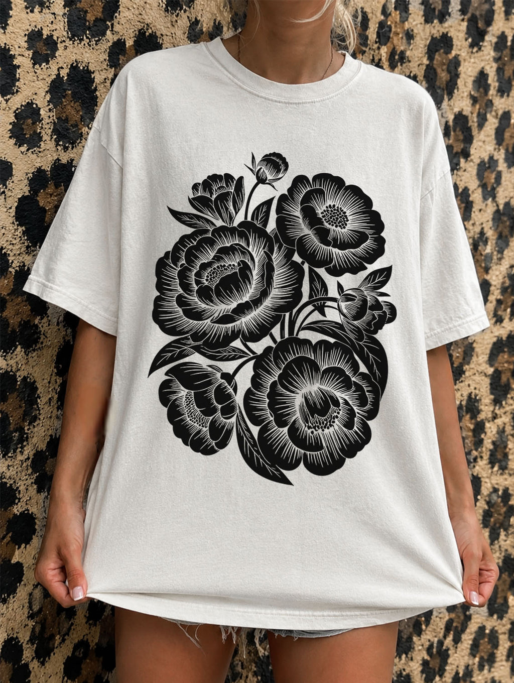Linocut Peonies Flower T-Shirt