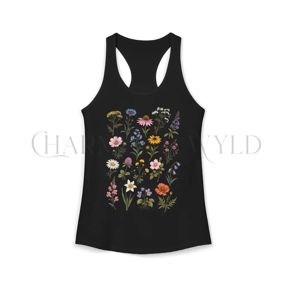 Meadow Blooms Racerback Tank Top - Solid Black / XS - Tank Top