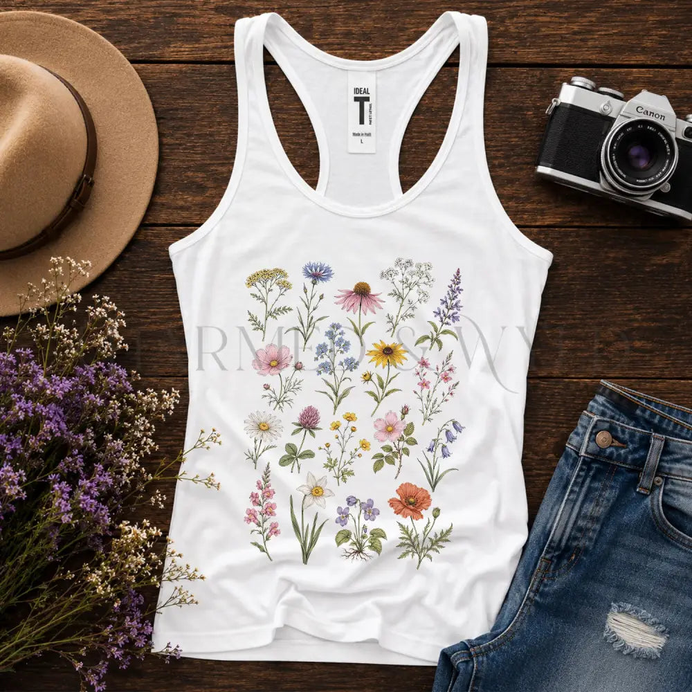 Meadow Blooms Racerback Tank Top - Solid White / XS - Tank Top