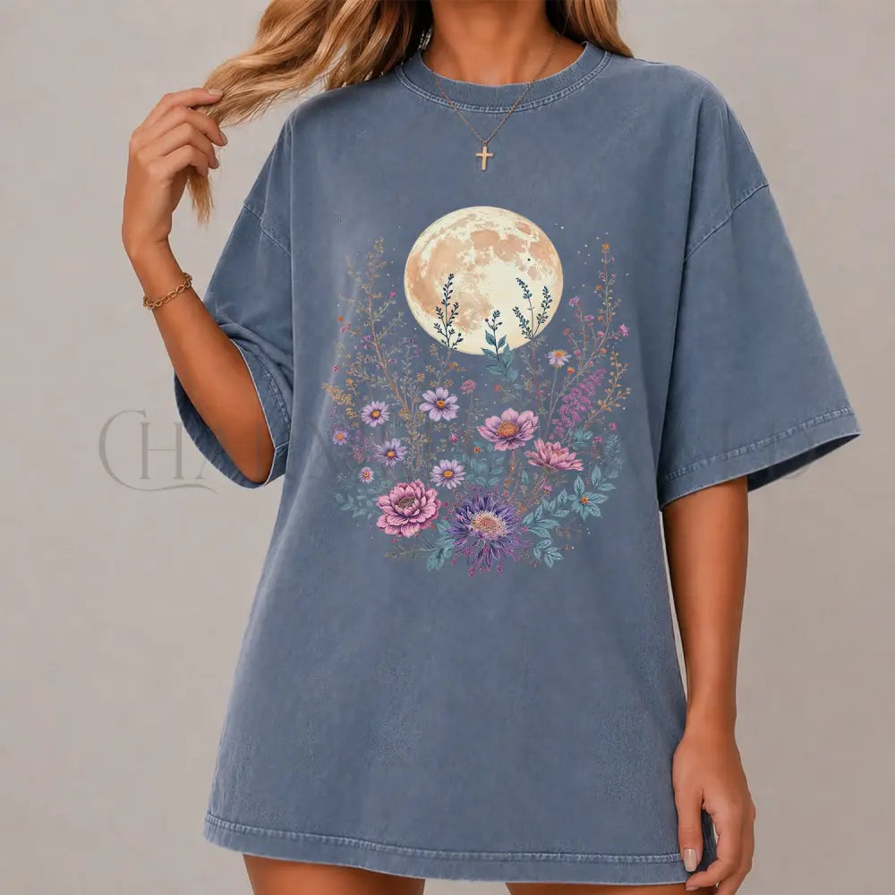 Moon Floral T-Shirt - Blue Jean / S - T-Shirt