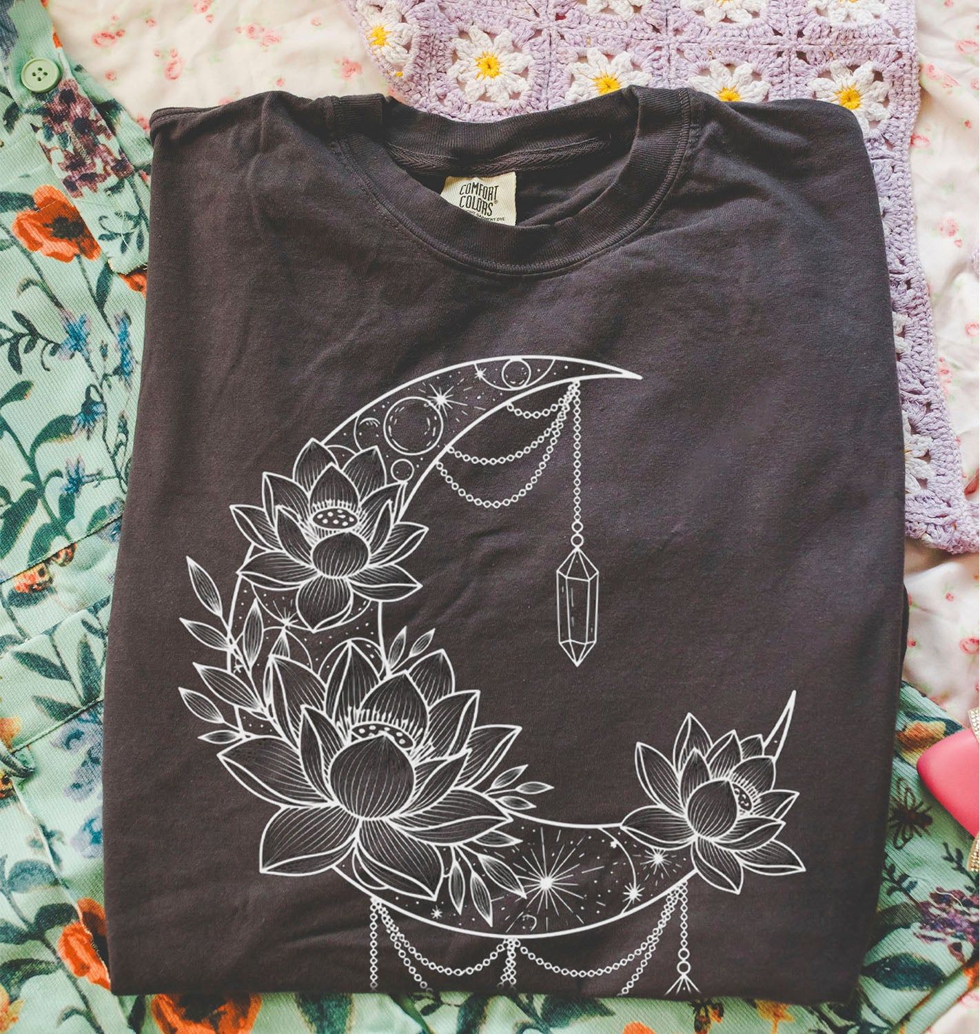 Crescent Moon Crystal Lotus T-Shirt