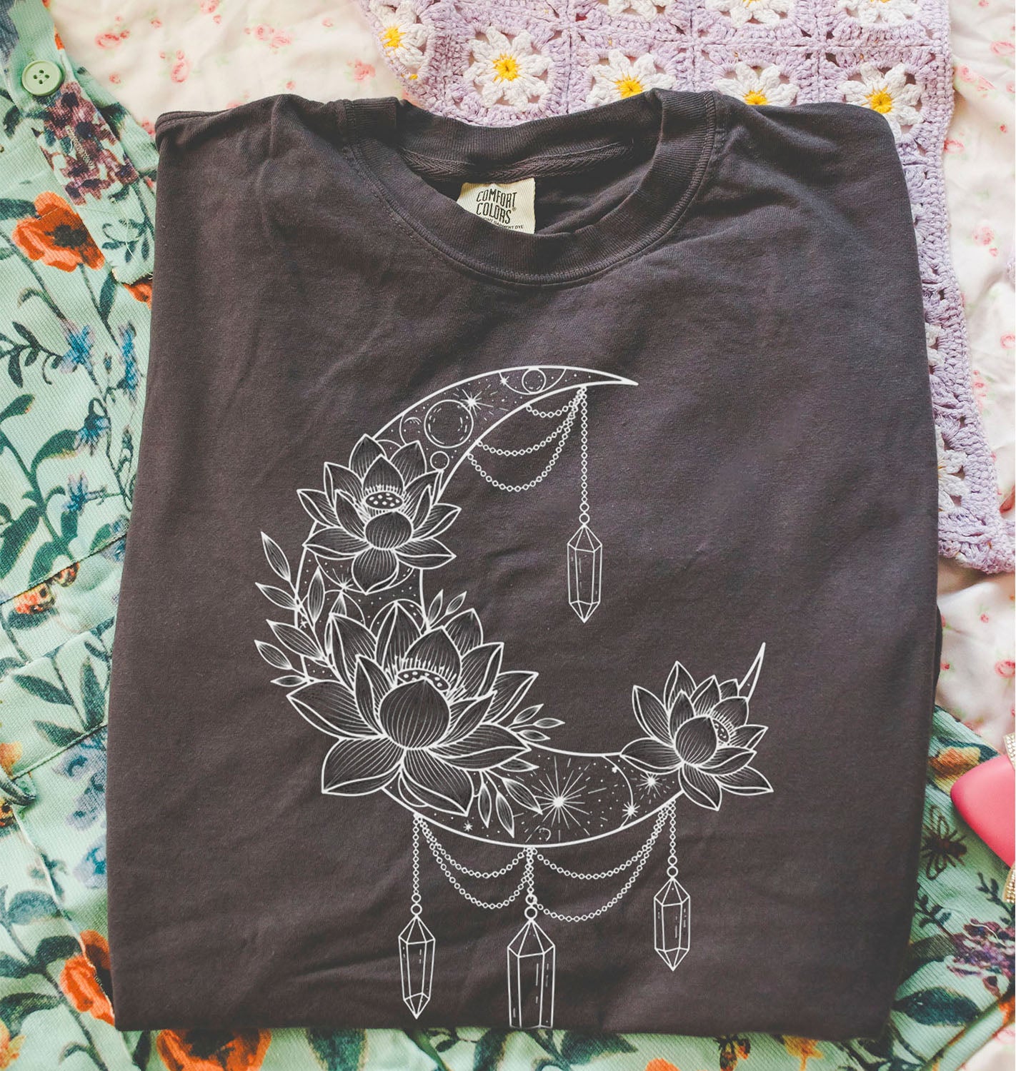 Crescent Moon Crystal Lotus T-Shirt