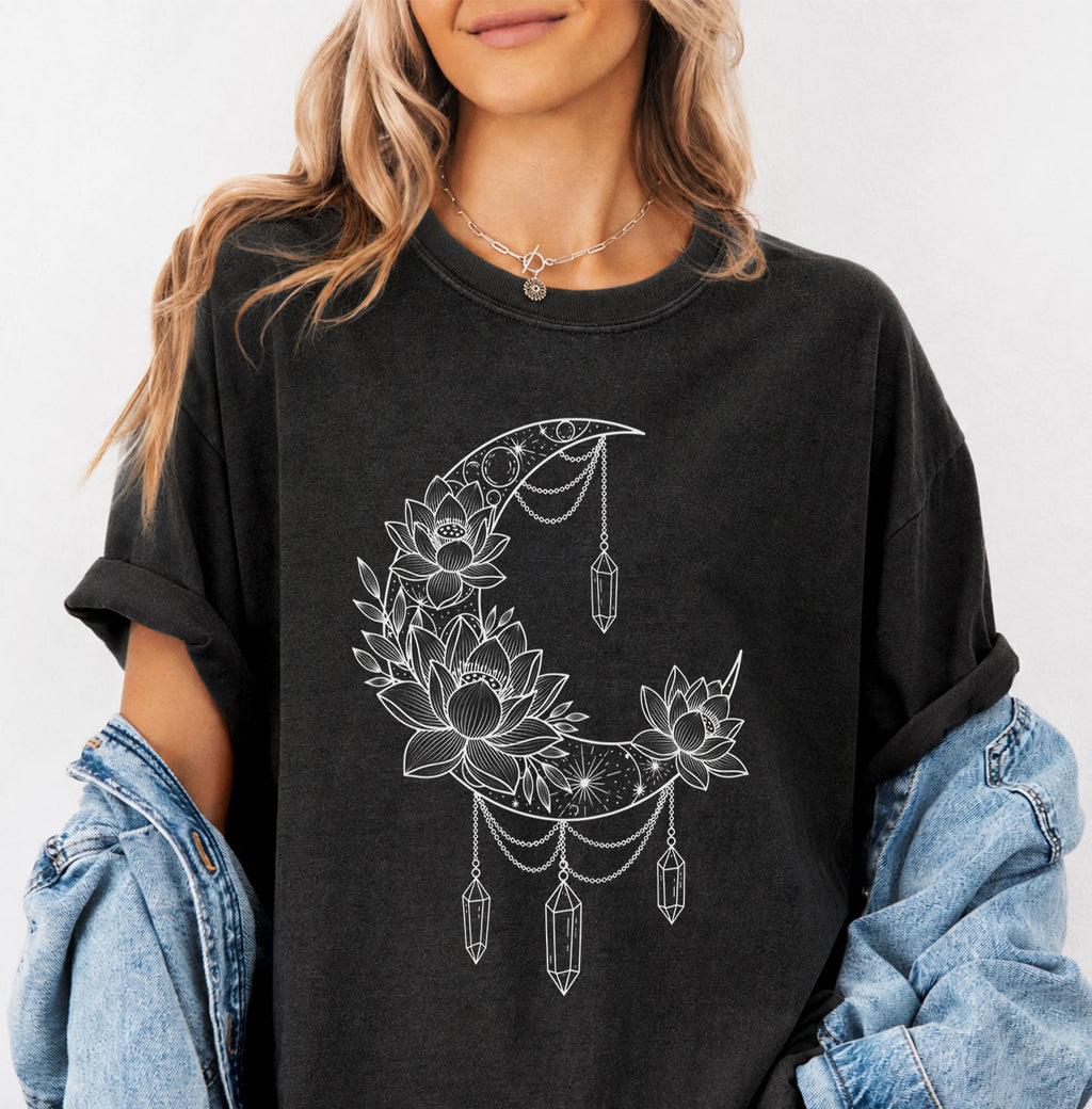 Crescent Moon Crystal Lotus T-Shirt