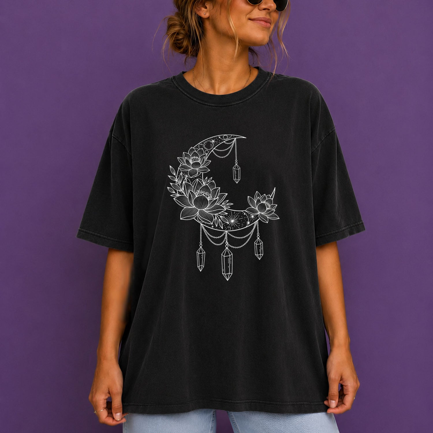 Crescent Moon Crystal Lotus T-Shirt