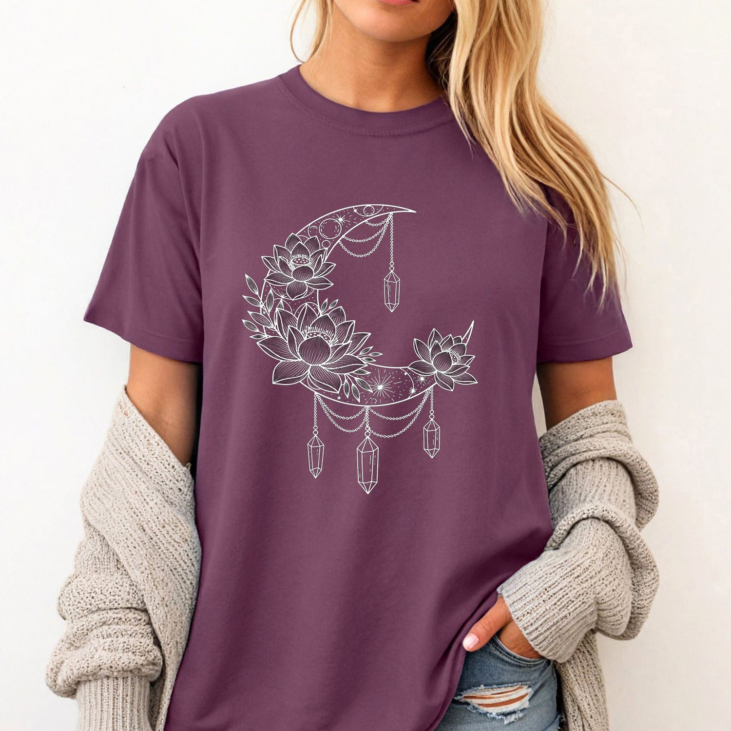 Crescent Moon Crystal Lotus T-Shirt