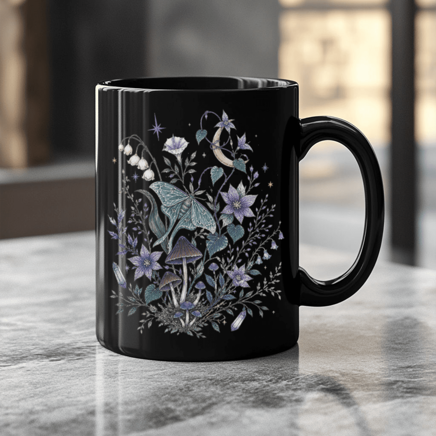 Mystical Moth Black Ceramic Mug