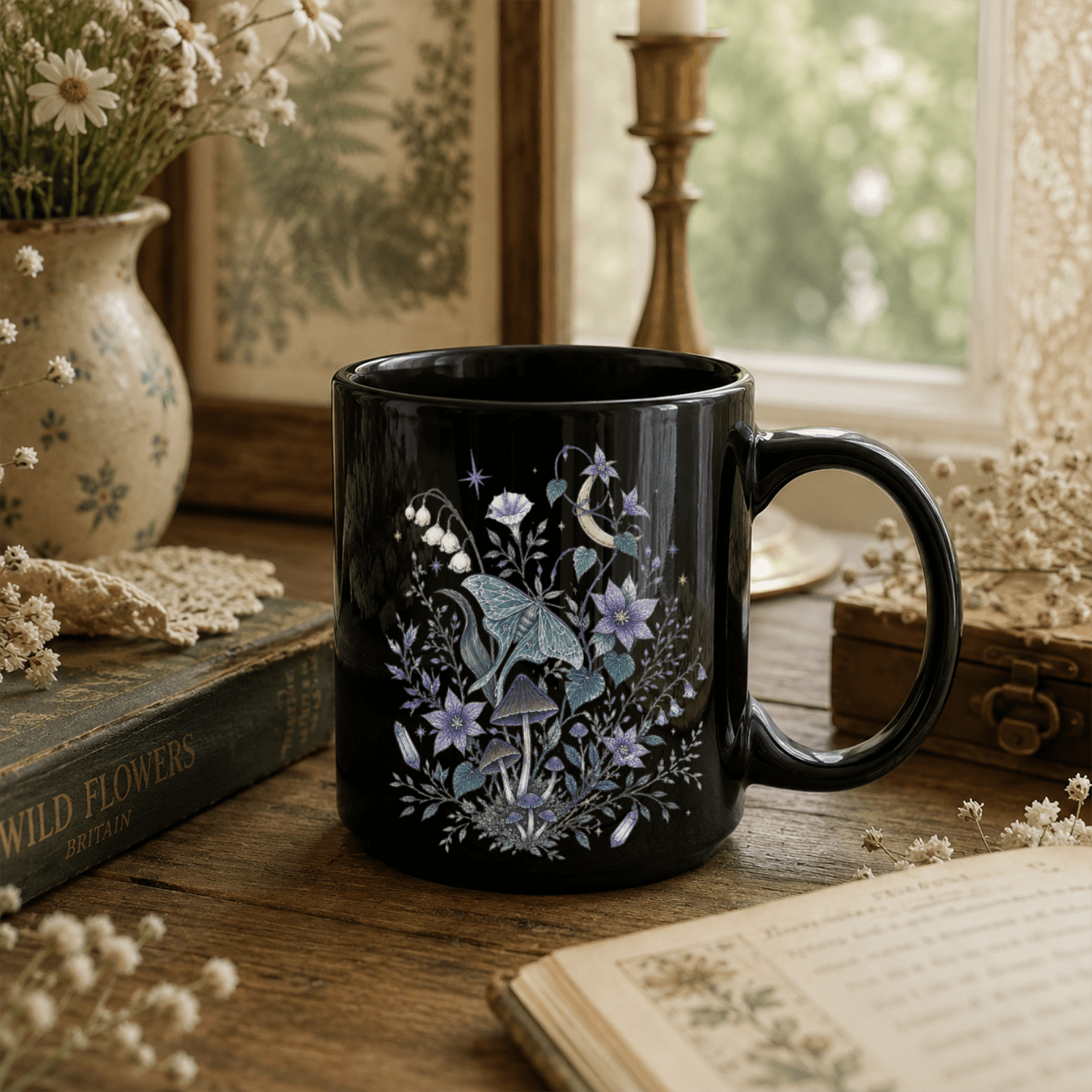 Mystical Moth Black Ceramic Mug