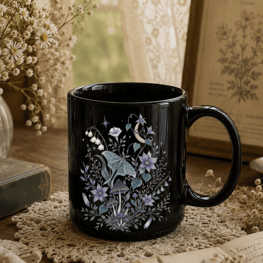 Mystical Moth Black Ceramic Mug