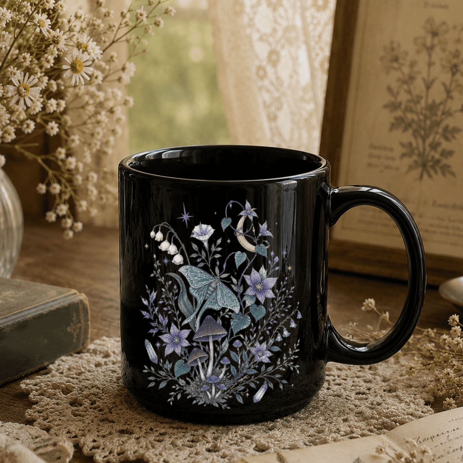 Mystical Moth Black Ceramic Mug