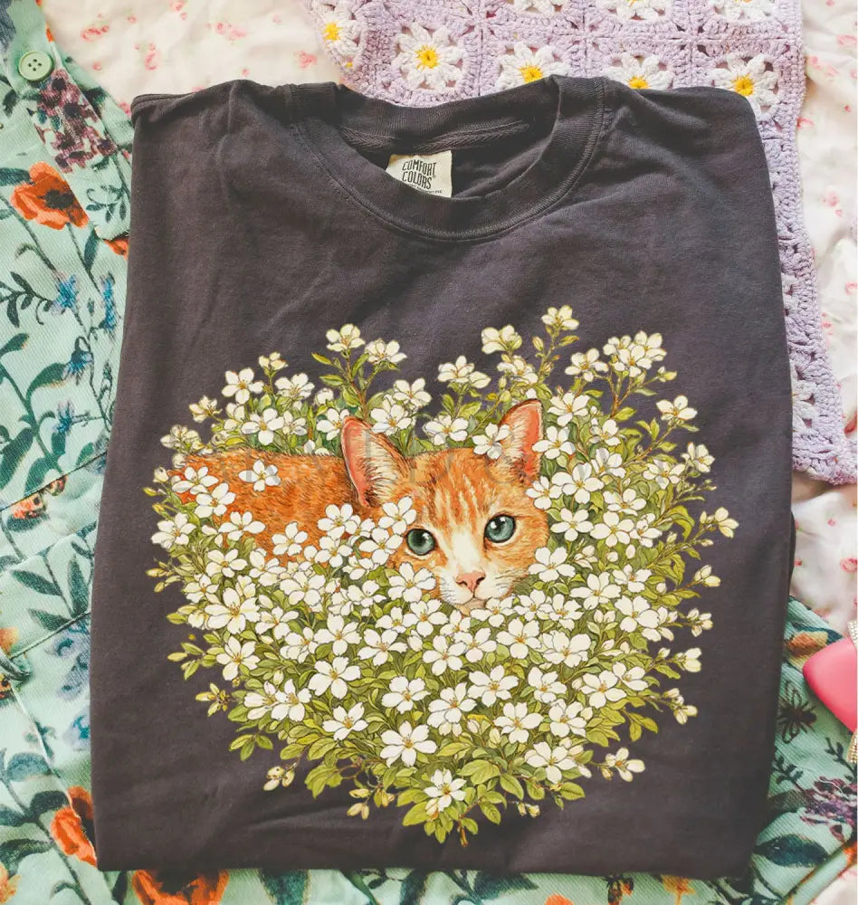 Orange Cat Wildflower T-Shirt - T-Shirt