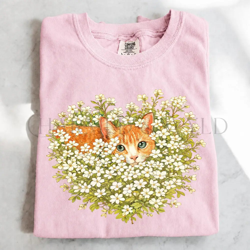 Orange Cat Wildflower T-Shirt - Blossom / S