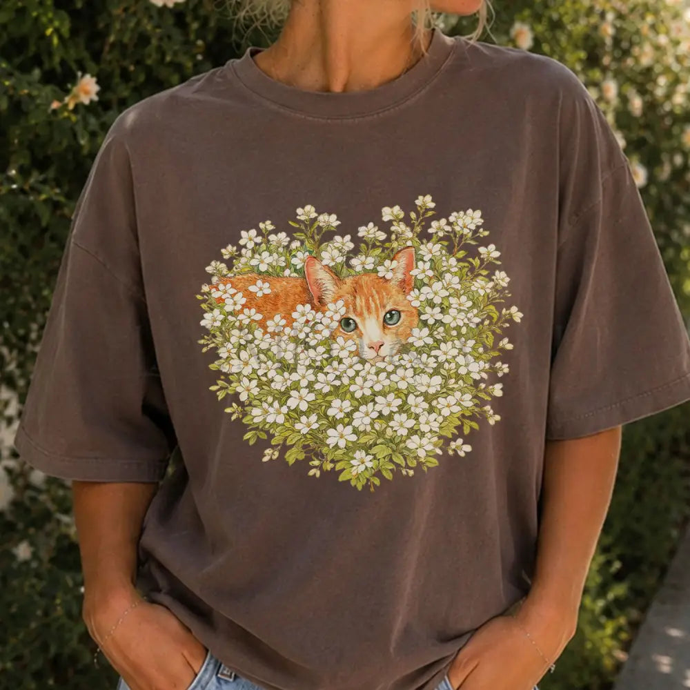 Orange Cat Wildflower T-Shirt - Espresso / S - T-Shirt