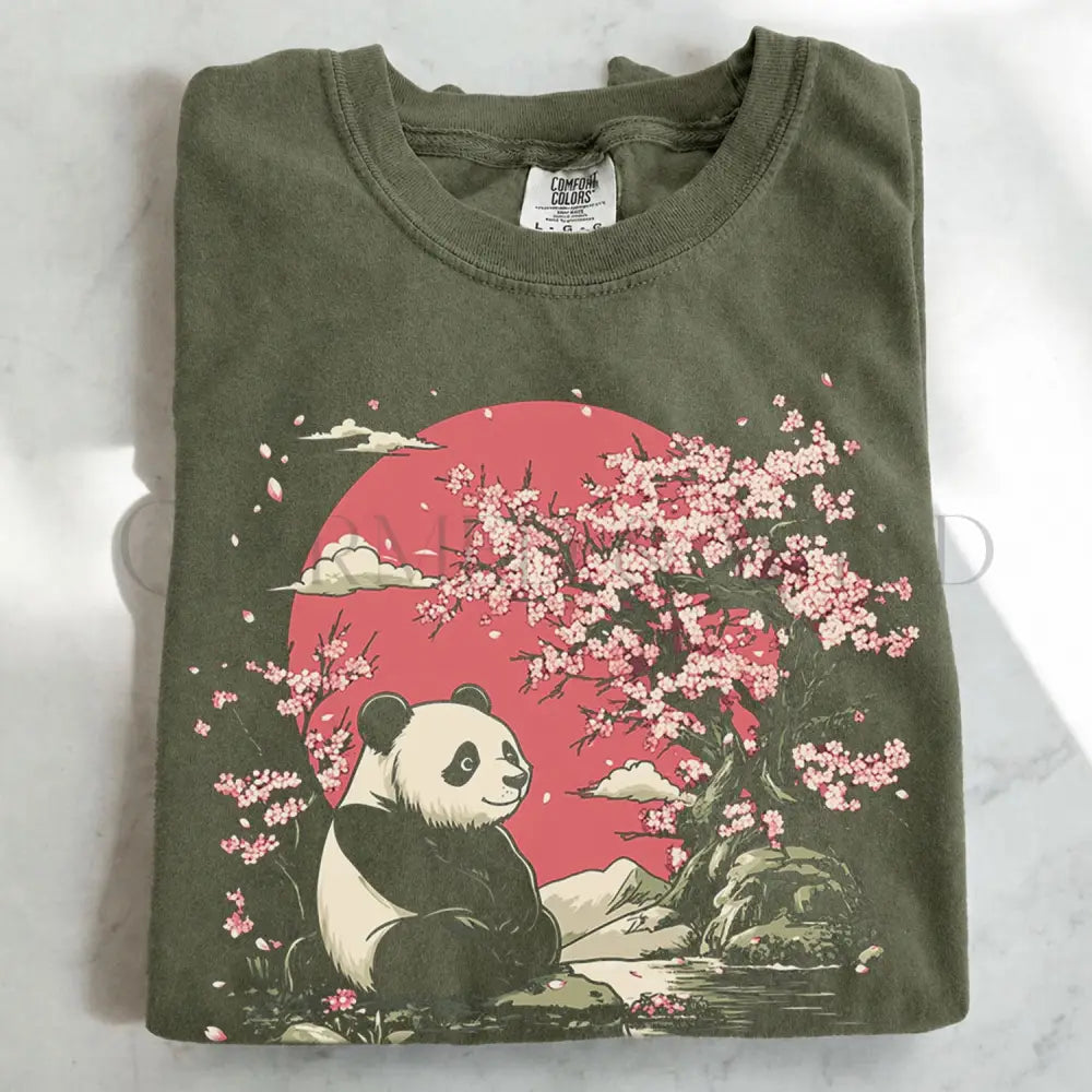 Panda Cherry Blossom T-shirt - Moss / S - T-Shirt