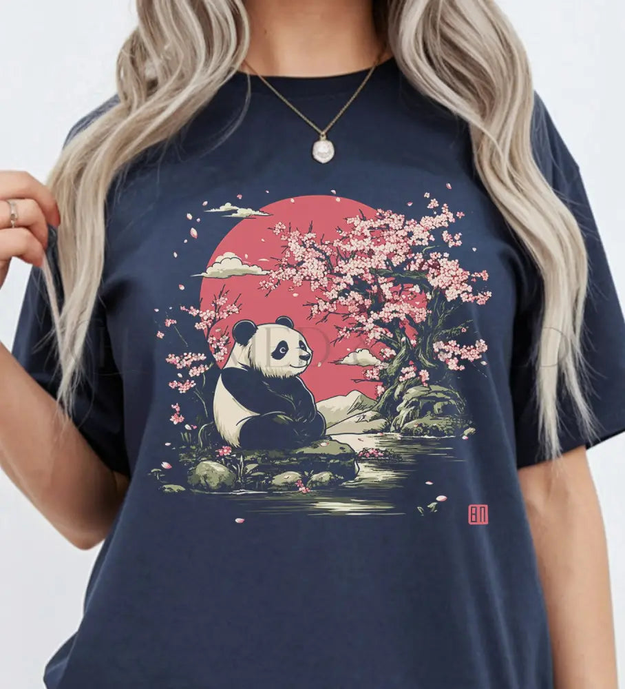 Panda Cherry Blossom T-shirt - Navy / S - T-Shirt