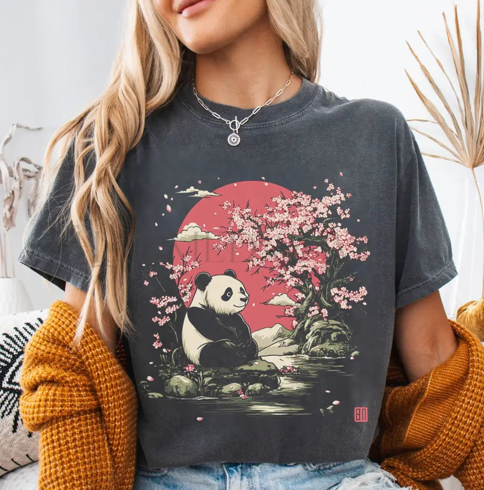 Panda Cherry Blossom T-shirt - Pepper / S - T-Shirt