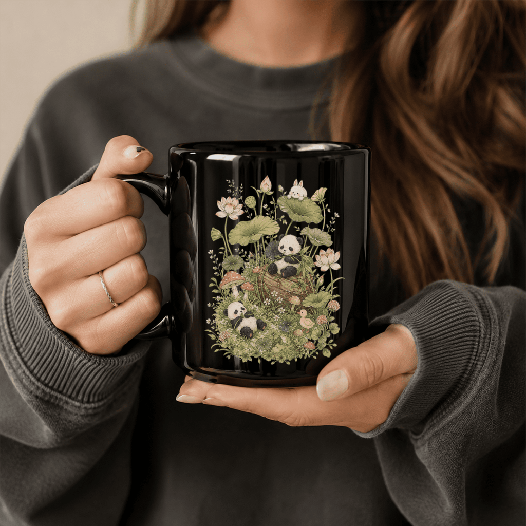 Botanical Panda Black Ceramic Mug