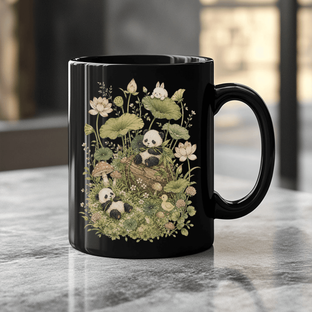 Botanical Panda Black Ceramic Mug