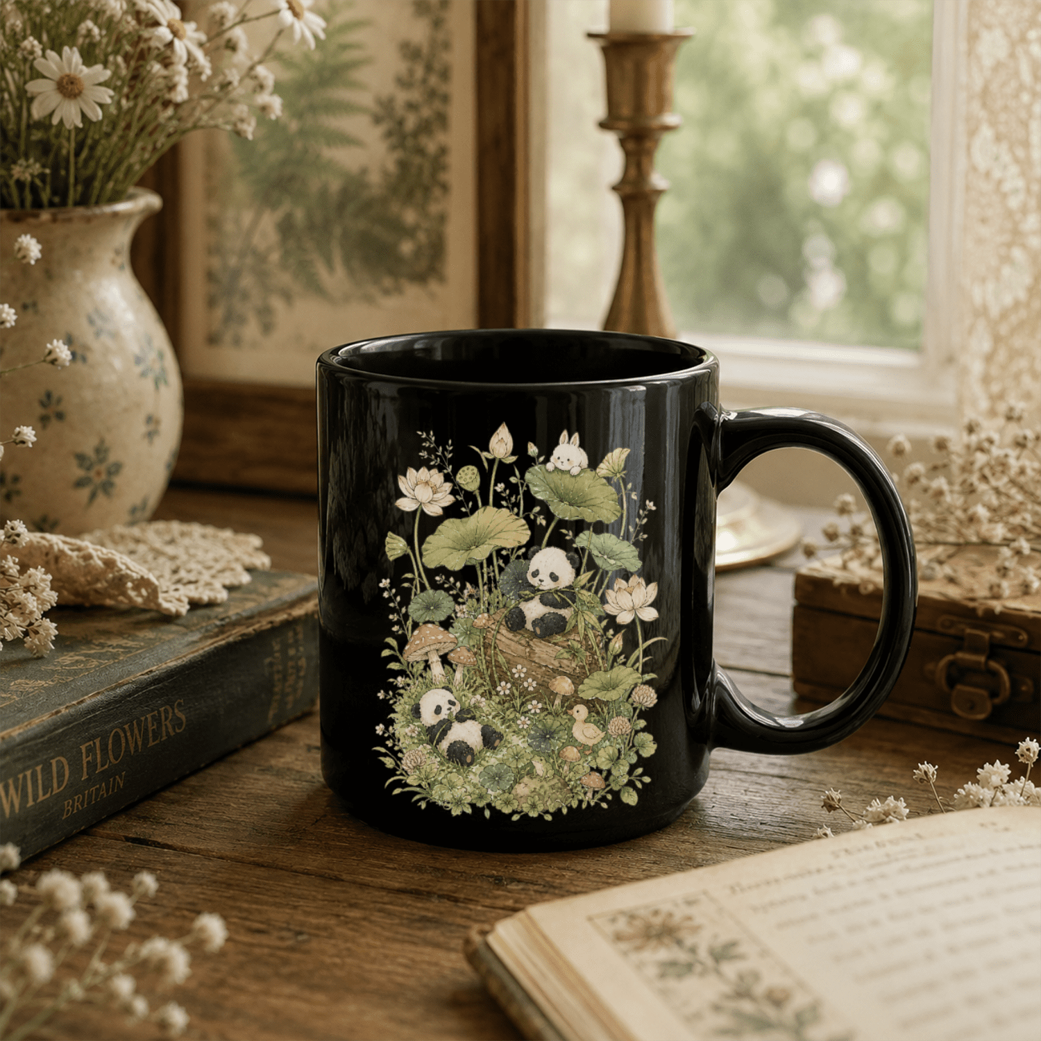 Botanical Panda Black Ceramic Mug