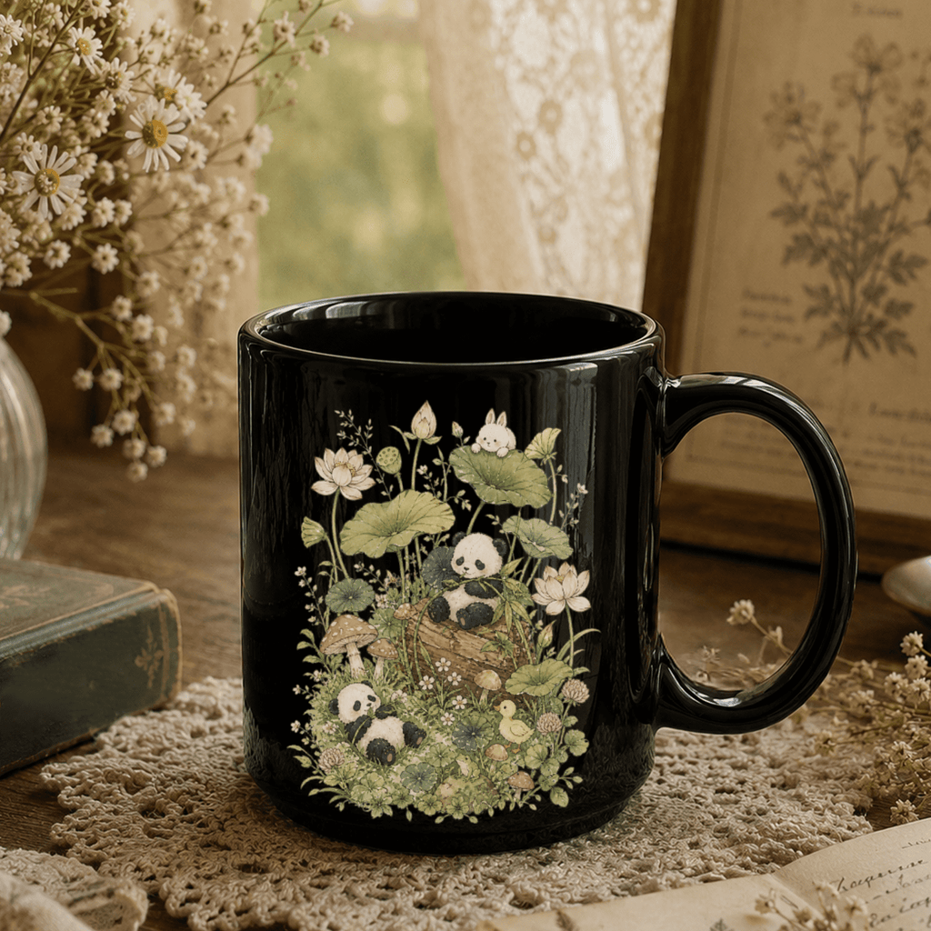 Botanical Panda Black Ceramic Mug
