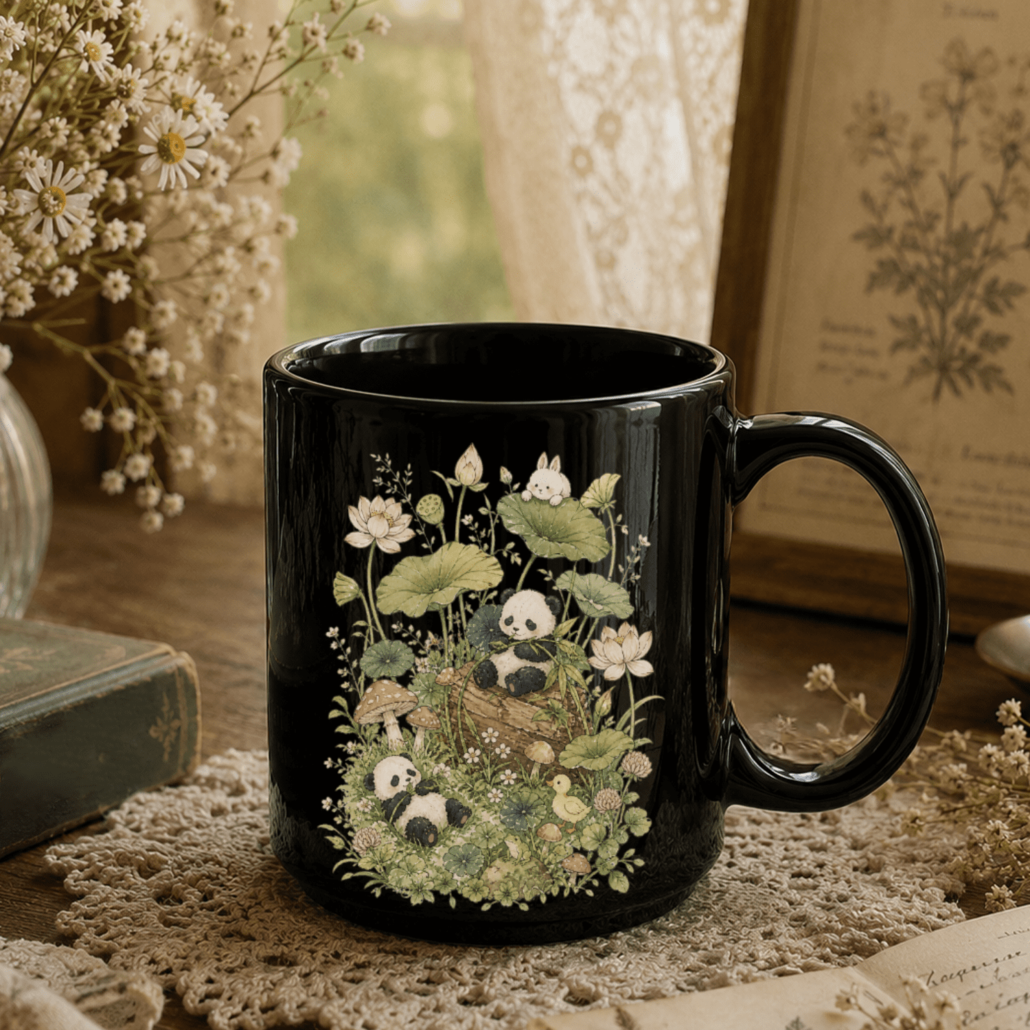 Botanical Panda Black Ceramic Mug