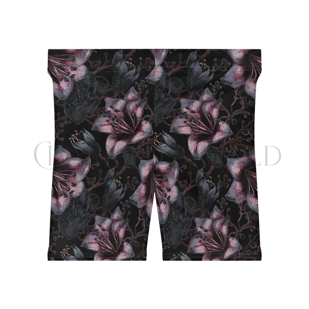 Pink Lily Floral Noir Biker Shorts - All Over Prints