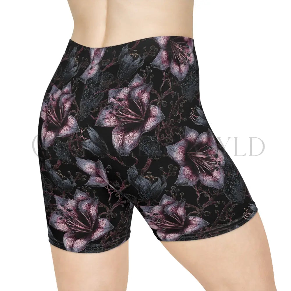 Pink Lily Floral Noir Biker Shorts - All Over Prints