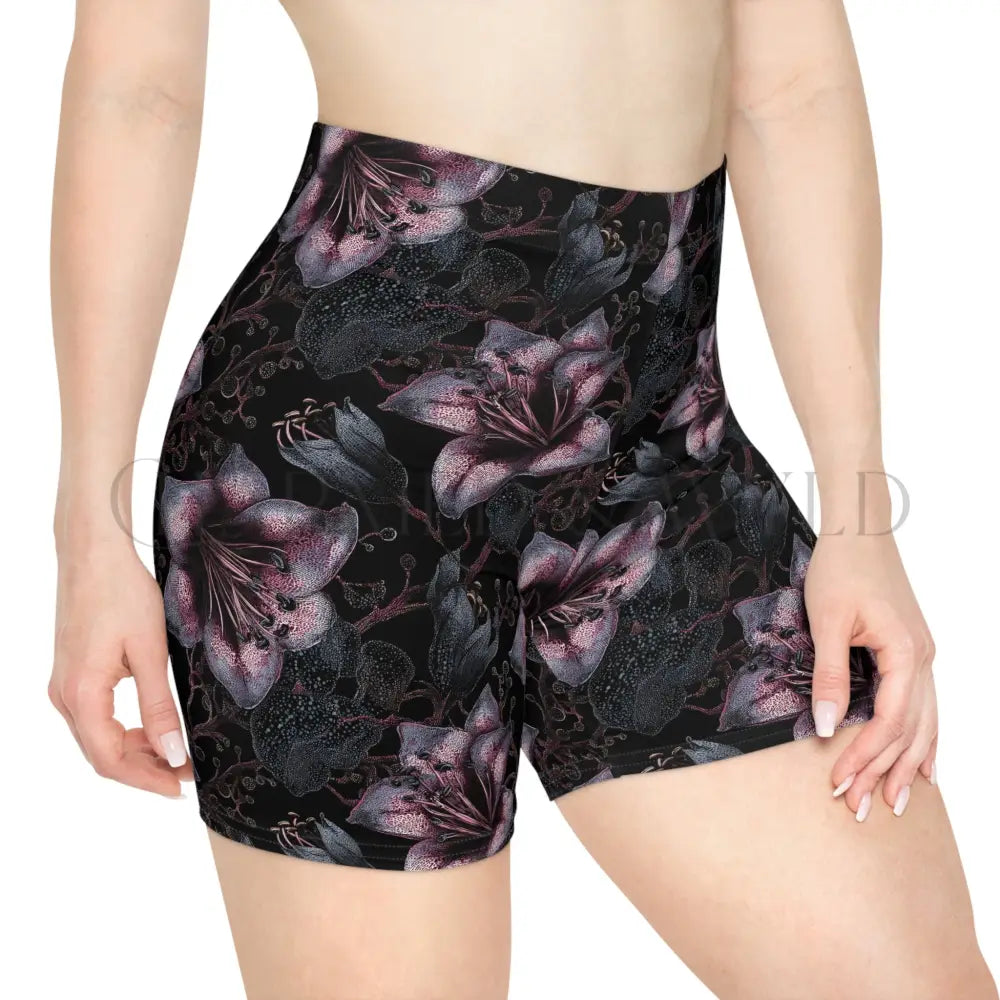 Pink Lily Floral Noir Biker Shorts - XS / Brushed Faux Suede - All Over Prints