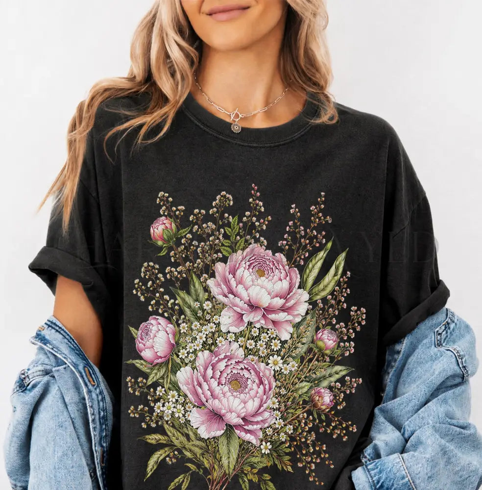 Pink Peony Floral T-Shirt - Black / S - T-Shirt